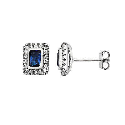 Emerald Cut Sapphire Earrings Sterling Silver Stud British Made 925 Hallmark