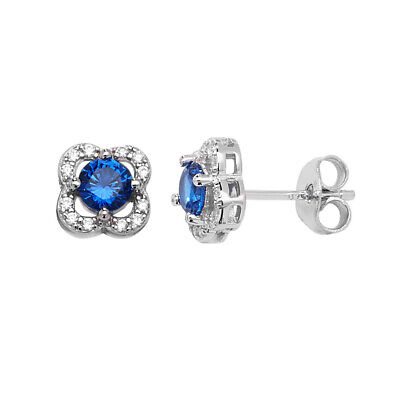 Sterling Silver Sapphire Earrings Halo Studs Rhodium British Made 925 Hallmark