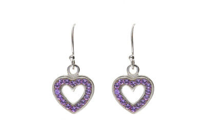 Silver Heart Crystal Earrings Lavender Austrian Crystals Drop Drops 925 Hallmark