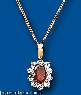 Yellow Gold Garnet Pendant Oval Cluster Natural Stones 18" Chain Hallmarked