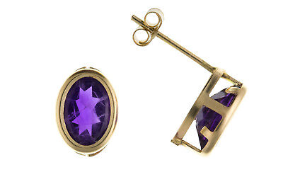 9ct Gold Amethyst Earrings Yellow Gold Oval Stud February Birthstone Hallmark