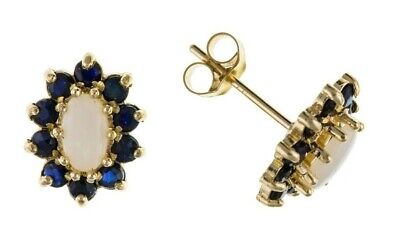 9ct Gold Sapphire and Opal Stud Earrings Solid Yellow Gold Hallmarked Studs