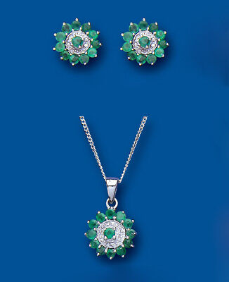 Emerald and Diamond Pendant and Earrings Set Solid Sterling Silver