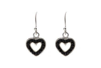 Silver Heart Crystal Earrings Black Austrian Crystals Drop Drops 925 Hallmark