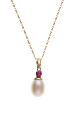 Ruby and Pearl Pendant Yellow Gold Necklace 18" Chain Hallmarked British Made