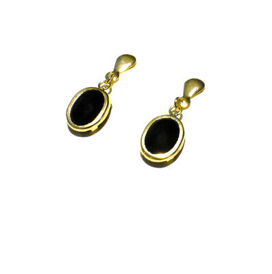 9ct Yellow Gold Black Onyx Drop Earrings Oval Drops Hallmarked British Made