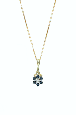 Sapphire and Diamond Pendant 9ct Yellow Gold Cluster 16 - 18" Chain Real Stones