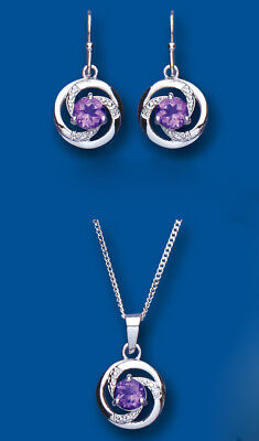 Diamond and Amethyst Set Pendant and Drop Earrings Solid Sterling Silver