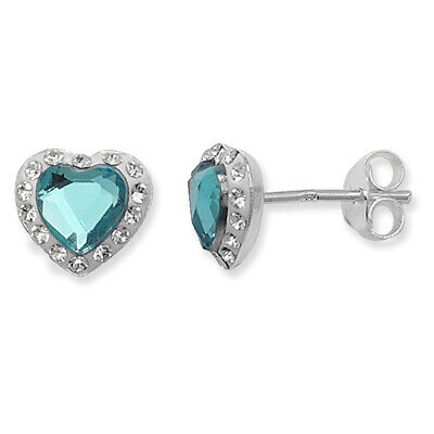 Blue Topaz Heart Earrings Sterling Silver Rhodium British Made Hallmark 925