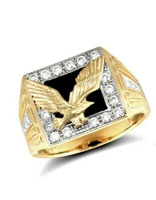 9ct Yellow Gold Gents Real Eagle Ring Black Onyx Hallmarked