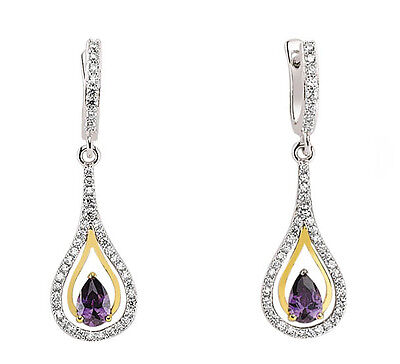 Amethyst Earrings Sterling Silver Drop Yellow Gold Detail Drops