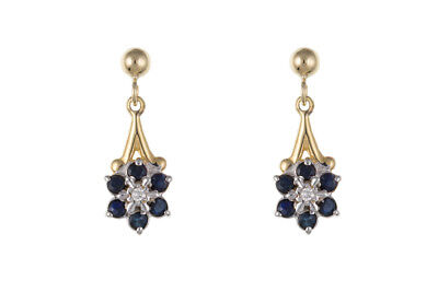 Sapphire and Diamond Set Pendant and Earrings Yellow Gold Drop Cluster