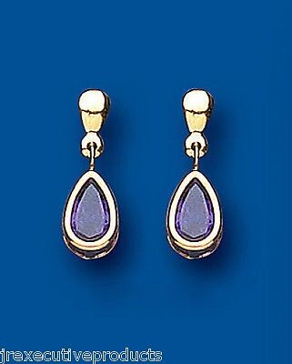 9ct Yellow Gold Amethyst Drop Earrings Pear Drops Hallmark February Birthstone