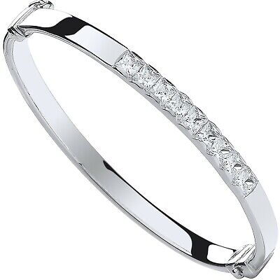 Solid Silver Baby Bangle Sparkly Cubic Zirconia Hinged Christening Gift