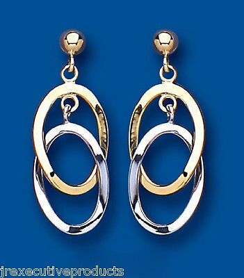 Two Colour Double Oval Drop Earrings 9ct Yellow and White Gold Drops Hallmarked