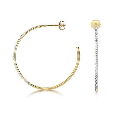 9ct Yellow Gold Diamond Hoop Earrings 30mm Real Diamonds 0.15ctw