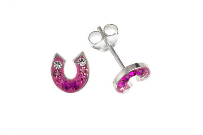 Sterling Silver Horseshoe Earrings Pink and White Austrian Crystals 925 Hallmark