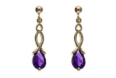 9ct Yellow Gold Amethyst Drop Earrings Twist Drops Hallmark February Birthstone