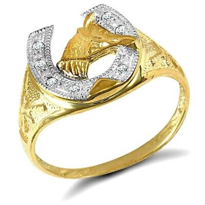9ct Yellow Gold Cubic Zirconia Horse Shoe Ring Fully Hallmarked