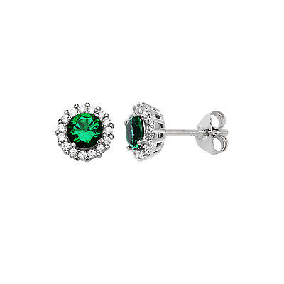 Emerald Halo Stud Earrings Sterling Silver Studs British Made 925 Hallmark