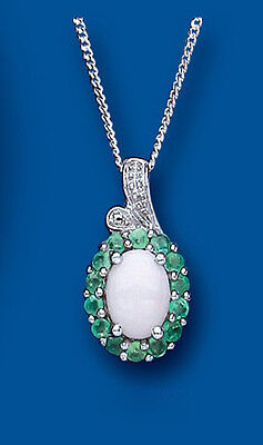 Emerald and Opal Pendant Solid Sterling Silver Diamond Necklace Natural Stones