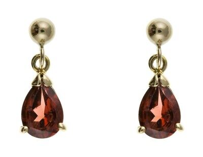 9ct Yellow Gold Garnet Drop Earrings Pear Drops Hallmark January Birthstone