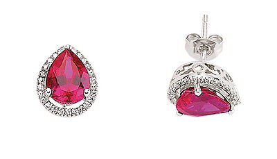 Ruby Earrings Solid Silver Stud Pear Platinum Plated Sterling Silver