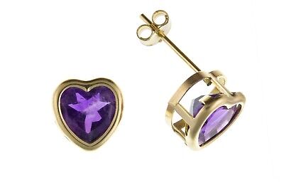 9ct Gold Amethyst Heart Earrings Yellow Gold Stud February Birthstone Hallmark