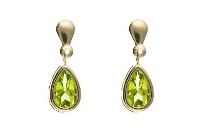 9ct Yellow Gold Perdiot Drop Earrings Pear Drops Hallmarked August Birthstone