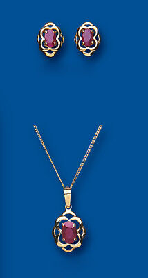 Gold Ruby Pendant and Earrings Set Solitaire Yellow Gold Solid Hallmarked