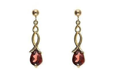 9ct Yellow Gold Garnet Drop Earrings Twist Drops Hallmark January Birthstone