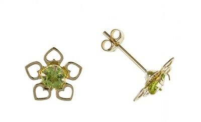 9ct Gold Perdiot Flower Earrings Heart Edge Yellow Gold August Birthstone