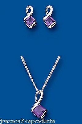 Amethyst Pendant and Earrings Set Solid Silver Square Design
