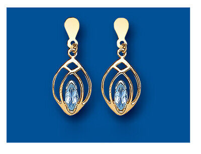 9ct Yellow Gold Blue Topaz Drop Earrings Marquise Hallmark November Birthstone