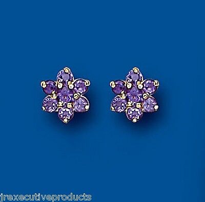 9ct Gold Amethyst Earrings Yellow Gold Cluster Stud February Birthstone Hallmark