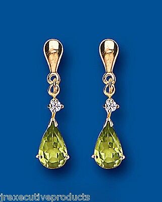9ct Yellow Gold Peridot Drop Earrings Teardrop Hallmark August Birthstone