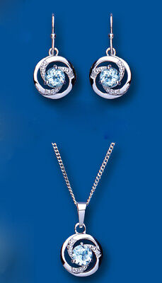Diamond and Blue Topaz Set Pendant and Drop Earrings Solid Sterling Silver