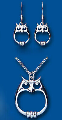 Silver Owl Pendant and Earrings Set Solid Sterling Silver 925 Hallmark 16 - 18"