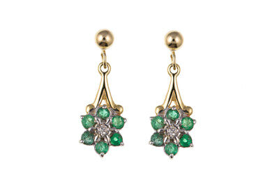Emerald and Diamond Pendant and Earring Set Drop Earrings Yellow Gold