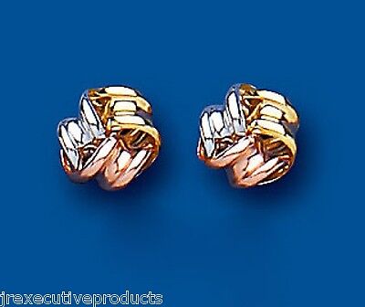 9ct Three Colour Knot Stud Earrings Solid Yellow Rose White Gold 7mm Studs