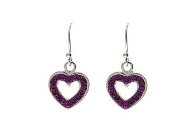 Purple Crystal Heart Earrings Drop Drops Sterling Silver 925 Hallmark