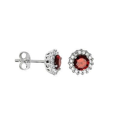 Garnet Halo Cluster Earrings Sterling Silver Stud British Made 925 Hallmark