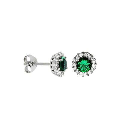 Emerald Halo Stud Earrings Sterling Silver Studs British Made 925 Hallmark