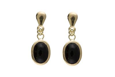 9ct Yellow Gold Black Onyx Drop Earrings Oval Drops Hallmarked British Made