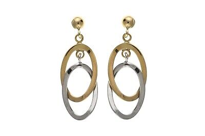 Two Colour Double Oval Drop Earrings 9ct Yellow and White Gold Drops Hallmarked