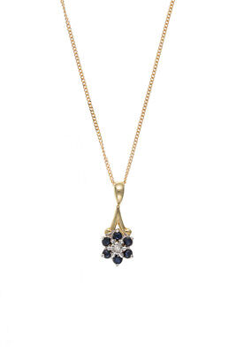 Sapphire and Diamond Set Pendant and Earrings Yellow Gold Drop Cluster