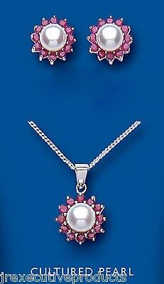 Ruby and Pearl Set Solid Sterling Silver Pendant and Stud Earrings