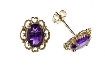 9ct Gold Amethyst Earrings Heart Edge Solitaire ebruary Birthstone Hallmark