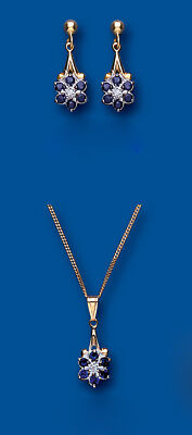 Sapphire and Diamond Set Pendant and Earrings Yellow Gold Drop Cluster