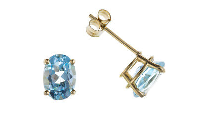 9ct Gold Blue Topaz Stud Earrings Oval Solitaire Yellow Gold November Birthstone